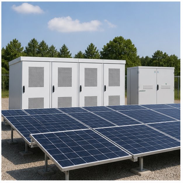 Solar panels with battery storage cabinets visual