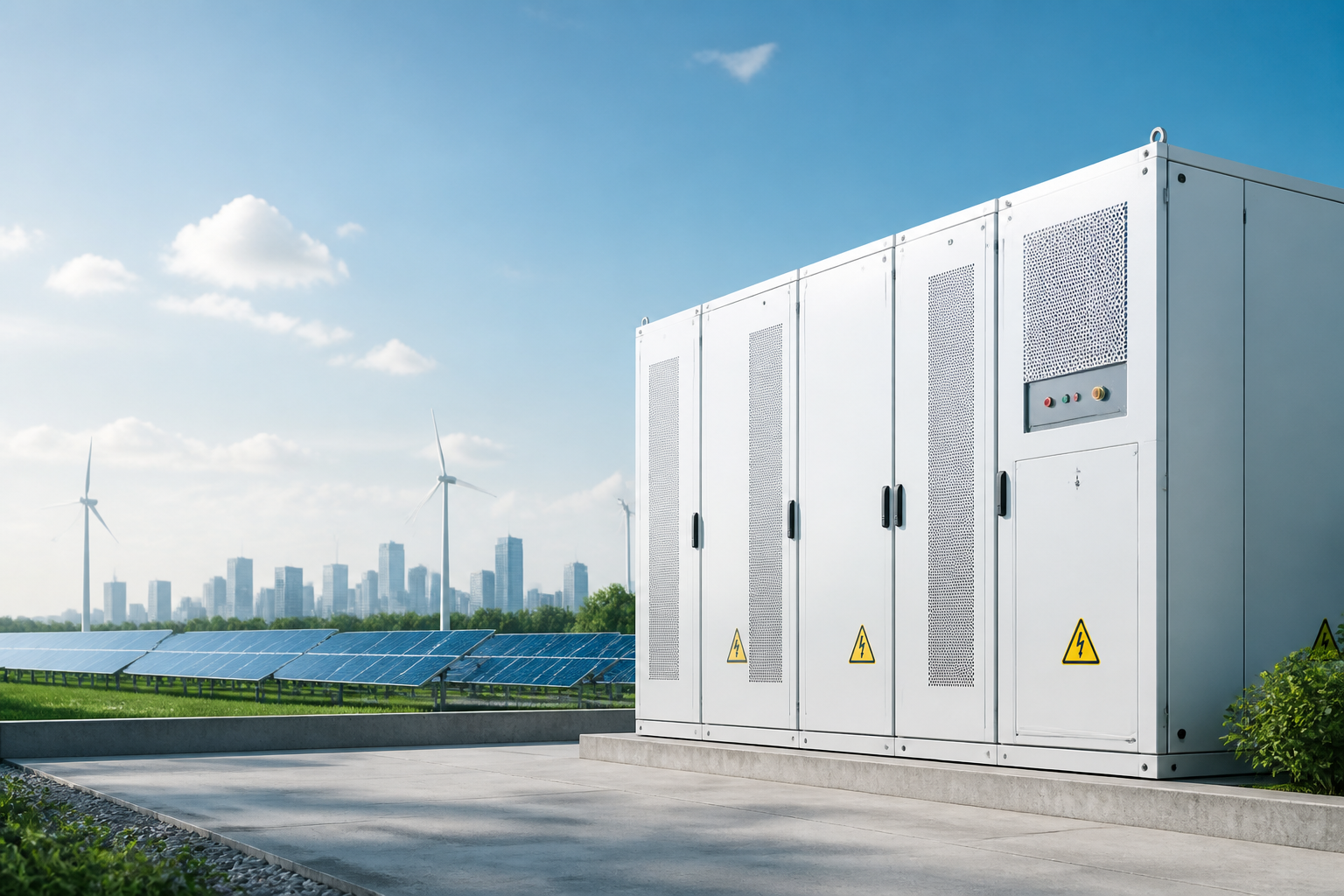 Renewable energy storage cabinets beside solar generation